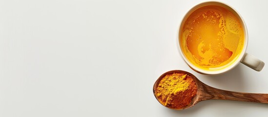 Poster - Top view of a ceramic cup filled with hot Turmeric tea beside a wooden spoon holding turmeric powder displayed on a white background for a health conscious immune boosting concept with a copy space im