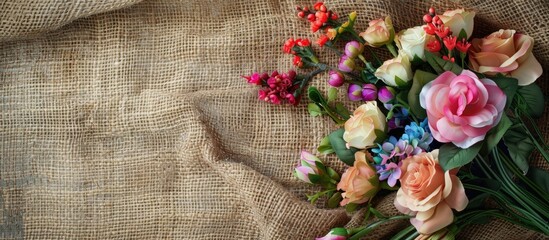 Poster - Artificial flowers artfully arranged on a rustic jute sackcloth background perfect for Easter themed postcards and designs with copy space image
