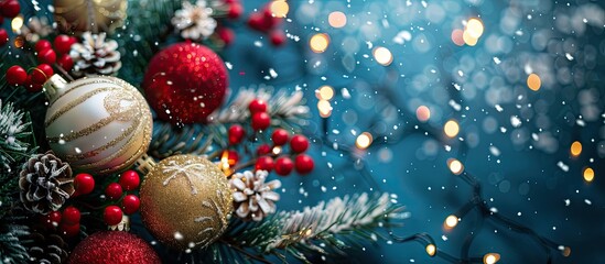 Poster - Vibrant Christmas and New Year decorations for a background wallpaper or design template featuring copy space image for text writers