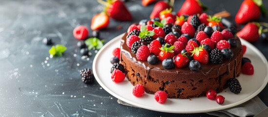 Poster - Chocolate and fruit cake with low calorie ingredients featured in a copy space image
