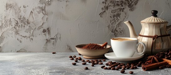 Poster - Coffee cup displayed with cinnamon teapot and coffee beans on a neutral grey background with ample copy space image