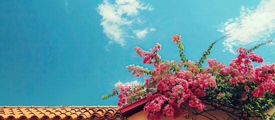 Canvas Print - Blue sky serves as the background for a picturesque pink flower bush by a roof offering ample space for additional elements in the image