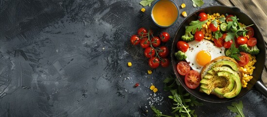 Poster - Top down view of a nutritious breakfast cooked in a pan featuring eggs tomatoes corn and vegetables alongside avocado toast on a bright background with space for text or images. Creative banner
