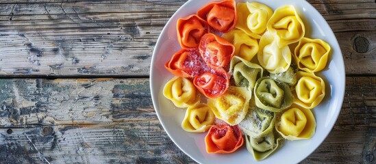 Poster - Close up of colorful tortellini with melting butter arranged on a white plate on a wooden table topped with parmesan creating an appetizing copy space image