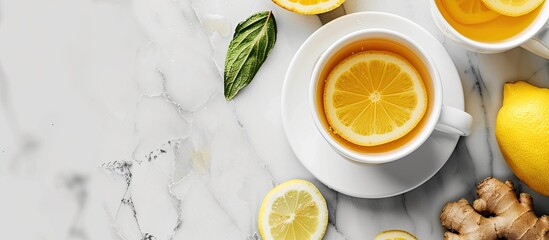Poster - Close up of a warm lemon and honey drink with ginger and lemon placed next to it with a focus on prevention and treatment of flu and colds in a copy space image