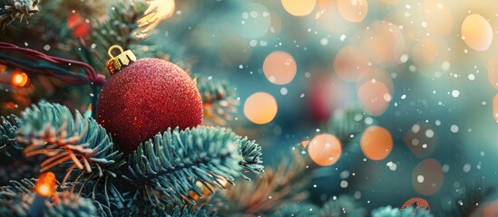 Poster - Close up view of red Christmas ball and toys arranged on a Christmas tree with a blurred background creating a festive copy space image