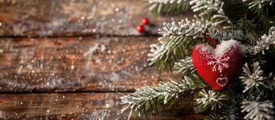 Aufkleber - Top view of a Christmas tree branch covered in snow adorned with a heart ornament placed on a wooden table complete with copy space image