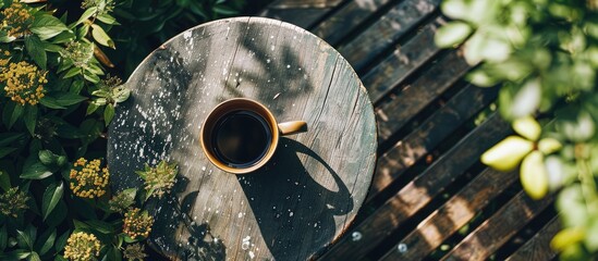 Poster - Top down view of a coffee cup placed on a tabletop in the garden with ample copy space in the image