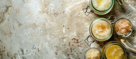 Aufkleber - Body scrub jars displayed on a grunge background with copy space image