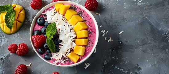 Aufkleber - Top view of a berry smoothie bowl with mango and coconut perfect for a copy space image