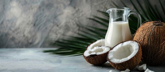 Poster - Coconut milk in a glass jug next to a coconut with a blank space for text or image. Creative banner. Copyspace image