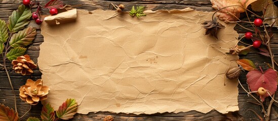 Poster - Antique paper sheet with seasonal adornments and space for text against a rustic wooden backdrop. Creative banner. Copyspace image