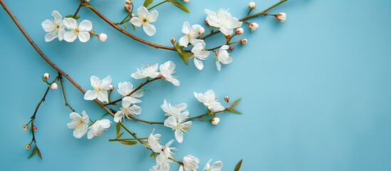 Poster - A view of delicate spring twigs with white blossoms on a blue backdrop from above creating a flat lay composition with copy space perfect for a card featuring pretty pink flowers