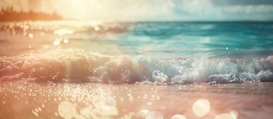 Poster - Abstract background of a blurred tropical beach illuminated by bokeh sunlight waves ideal for promoting outdoor summer vacations with a vintage color filter effect Features ample copy space image