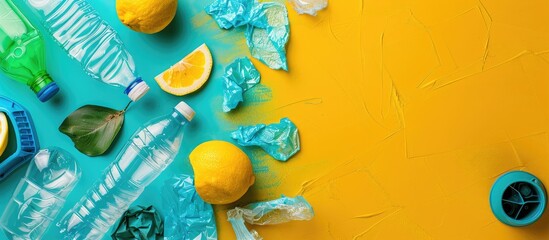 Poster - Flat lay showcasing the concept of recycling plastic with a designated copy space image