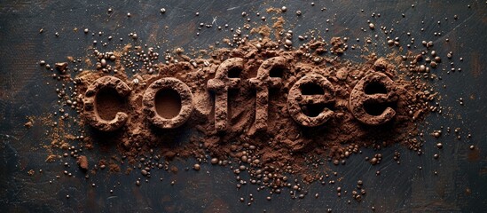 Wall Mural - Coffee powder arranged to spell coffee by hand on textured surface creating a unique copy space image