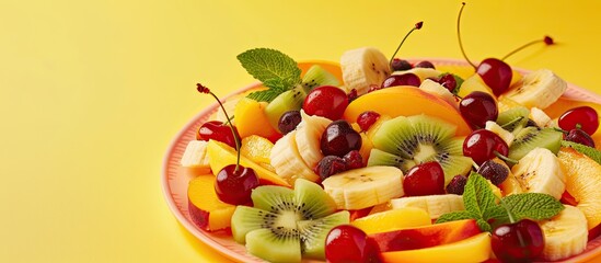 Poster - Banana kiwi peach cherry and blackcurrant summer fruit salad on a plate against a yellow backdrop with room for text or an image. Creative banner. Copyspace image