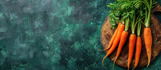 Poster - Carrots on a wooden board against a textured green backdrop with copy space image