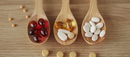 Aufkleber - Close up of various dietary supplements arranged near products on a wooden spoon with an empty area for text in the background. Creative banner. Copyspace image