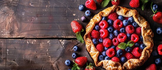 Poster - Delicious galette featuring a variety of fresh berries on a rustic table with a blank copy space image