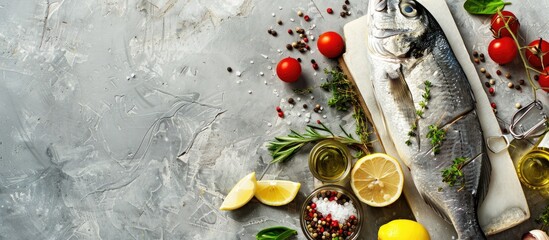 Poster - Dorado fish displayed on a cutting board atop a white stone table surrounded by cooking ingredients viewed from above with copy space image
