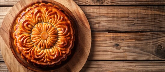 Poster - Close up of a mooncake on a wooden table background perfect for copy space image with traditional Chinese Mid Autumn Festival theme