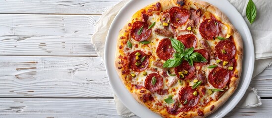 Poster - Delicious homemade pizza topped with mortadella sausage pistachios and basil surrounded by melted cheese displayed on a white plate against a white wooden backdrop with copy space image