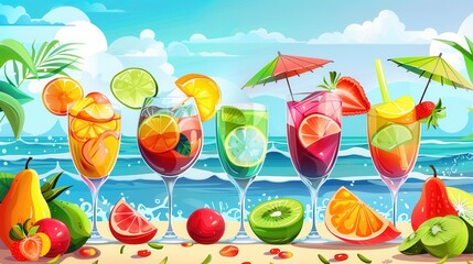 Poster - A row of six colorful cocktails with fruit garnishes and umbrellas rests on a sandy beach with ocean waves in the background. Generative AI