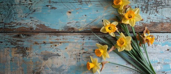 Poster - Daffodil flowers both fresh and dried arranged on a weathered wooden table with a rustic background for a copy space image