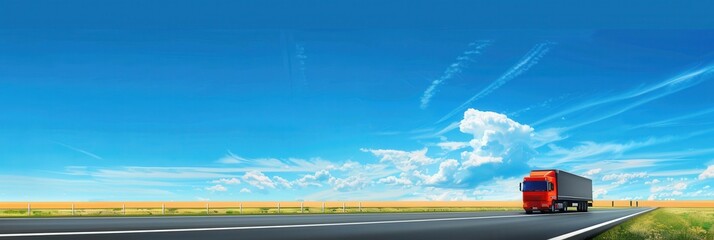 Poster - A red semi-truck drives on a long, straight highway with a clear, open horizon. The sky is bright blue with fluffy white clouds. Generative AI
