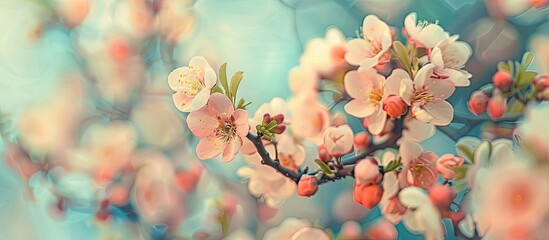 Wall Mural - Detailed closeup view of a stunning blooming quince tree outdoors on a lovely spring day perfect for a copy space image