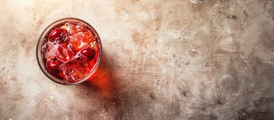 Poster - Cherry cocktail with ice on a light surface seen from above featuring a spacious area for text or images copy space image