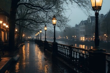 Canvas Print - A rainy day architecture illuminated cityscape.