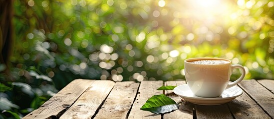 Aufkleber - Coffee cup on a wooden table outdoors set against a natural background in the garden suitable for text placement in the image. Creative banner. Copyspace image
