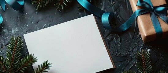 Poster - Blurry white card with a festive spruce branch wrapped gift craft envelope and blue ribbon on a dark backdrop Mockup frame with empty paper sheet for Christmas Out of focus copy space image