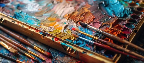Aufkleber - Close up image featuring a gold case containing watercolor paints and various paintbrushes ideal for painting Includes copy space image