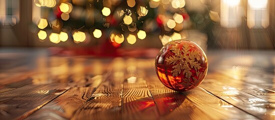 Leinwandbilder - A close up of a Christmas tree ball decoration on a wooden floor with a bright Christmas tree in the background creating a festive holiday atmosphere with copy space image