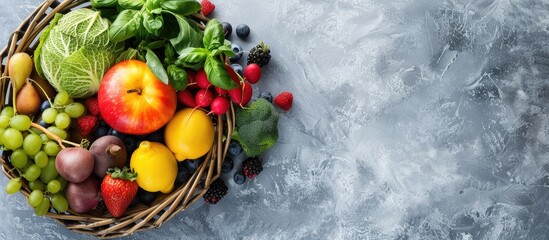 Poster - Basket containing a variety of fresh fruits and vegetables placed on a gray table with a blank space for an image. Creative banner. Copyspace image