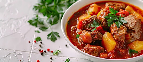 Poster - Close up of a tasty goulash in a bowl on a white tiled table with copy space image available