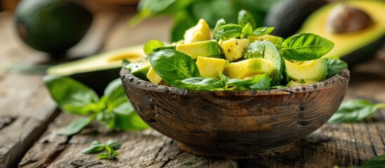 Poster - Avocado salad placed on a rustic table with copy space image featuring fresh green leaves as a meal or snack