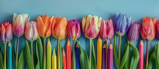 Poster - Colorful tulips displayed against a backdrop of assorted pencil hues creating a vibrant artistic copy space image