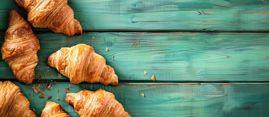 Poster - Close up of delectable croissants on a green wooden backdrop with ample copy space image