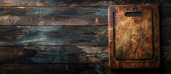 Poster - Top down view of an antique cutting board on a dark wooden surface with ample copy space in the image