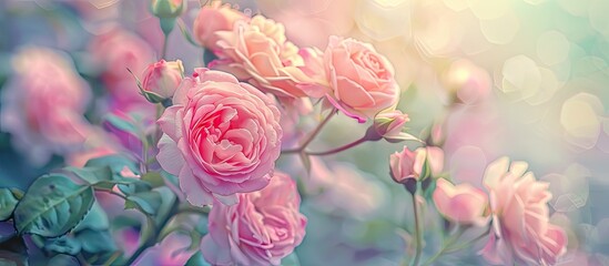 Poster - Collage of roses blooming in summer with a soft pastel tone selective focus perfect for adding text or graphics against a blank background in an image. Creative banner. Copyspace image