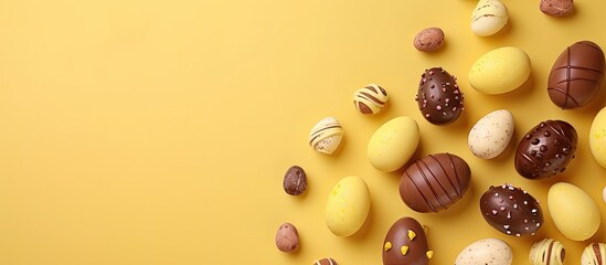 Aufkleber - Flat lay arrangement of chocolate Easter eggs and sweets on a yellow backdrop with a view from above featuring a vacant area for text alongside copy space image