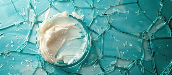 Aufkleber - Clear liquid cosmetic product smeared on a broken glass surface top view with a copy space image combining beauty and medicine elements