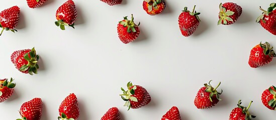 Poster - Top down view of a frame constructed with ripe strawberries on a white background offering ample space for additional images