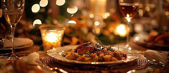 Aufkleber - A detailed photo of a beautifully arranged meal on a table with copy space image