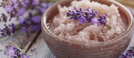 Poster - Close up view of a bowl containing a sugar scrub with lavender flowers on a table providing copy space image