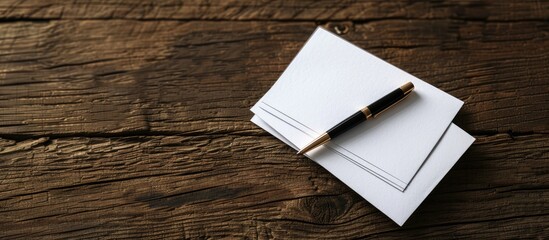 Wall Mural - Business cards arranged next to a pen on a wooden surface in a photograph with space for text known as a copy space image